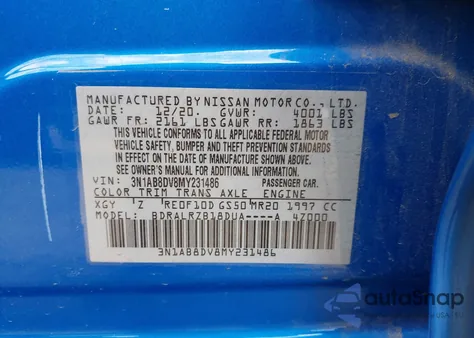 2021 Nissan Sentra Sr Xtronic Cvt z USA, uszkodzony, nr VIN 3N1AB8DV8MY231486